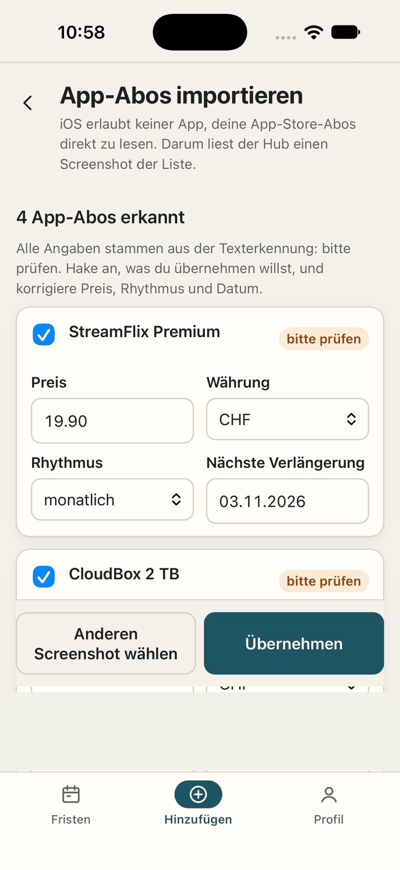 App screen: importing app subscriptions, two detected subscriptions to check. Sample data.