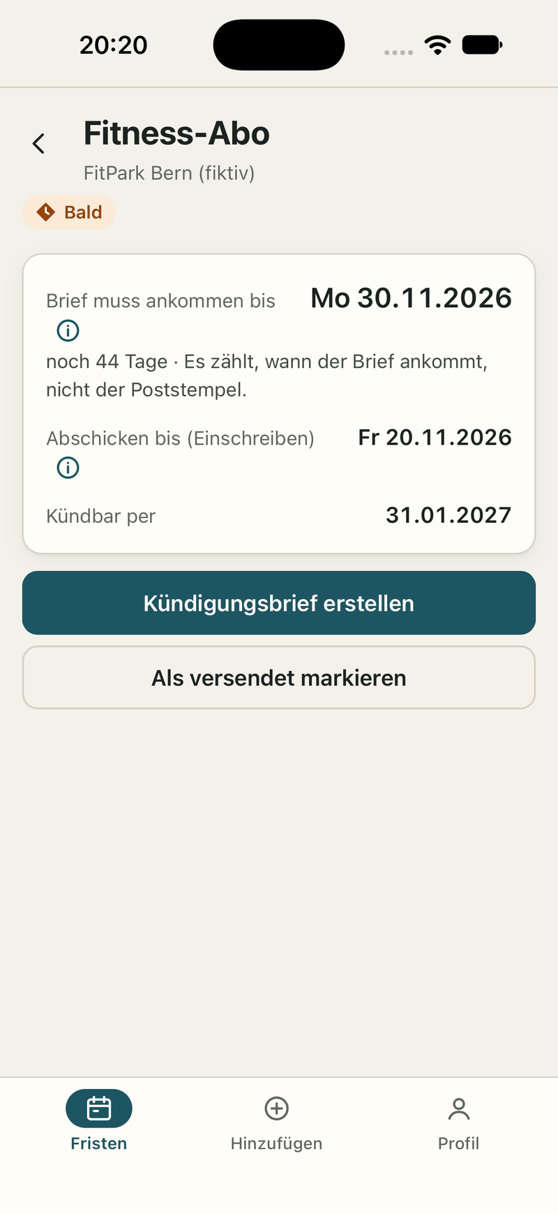 App screen: gym membership detail with arrive-by and send-by dates. Sample data.