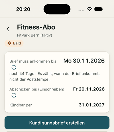 App screen: gym membership detail with arrive-by and send-by dates. Sample data.