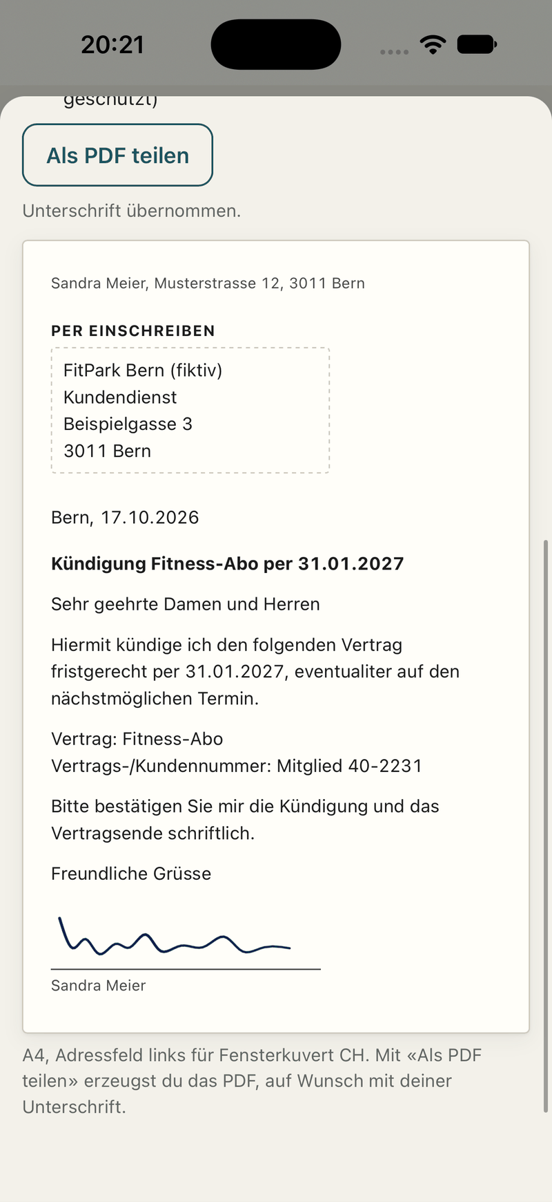 App screen: cancellation letter from a template with address, subject and signature. Sample data.
