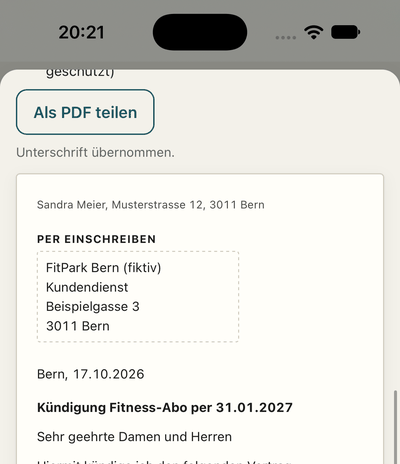 App screen: cancellation letter from a template with address, subject and signature. Sample data.