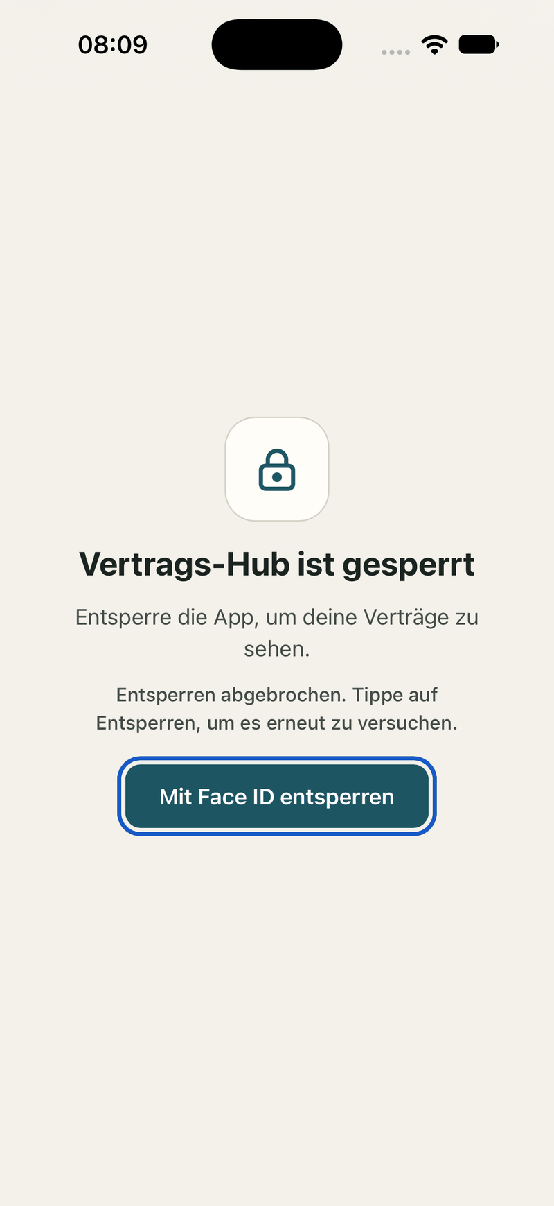 App screen: Vertrags-Hub is locked, unlock with Face ID.