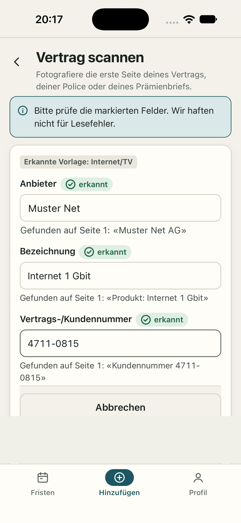 App screen: scanning a contract, the app suggests provider, name and customer number. Sample data.