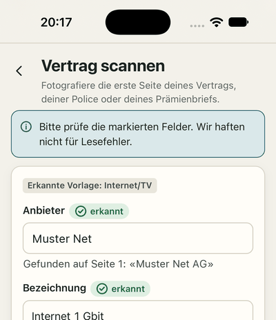 App screen: scanning a contract, the app suggests provider, name and customer number. Sample data.