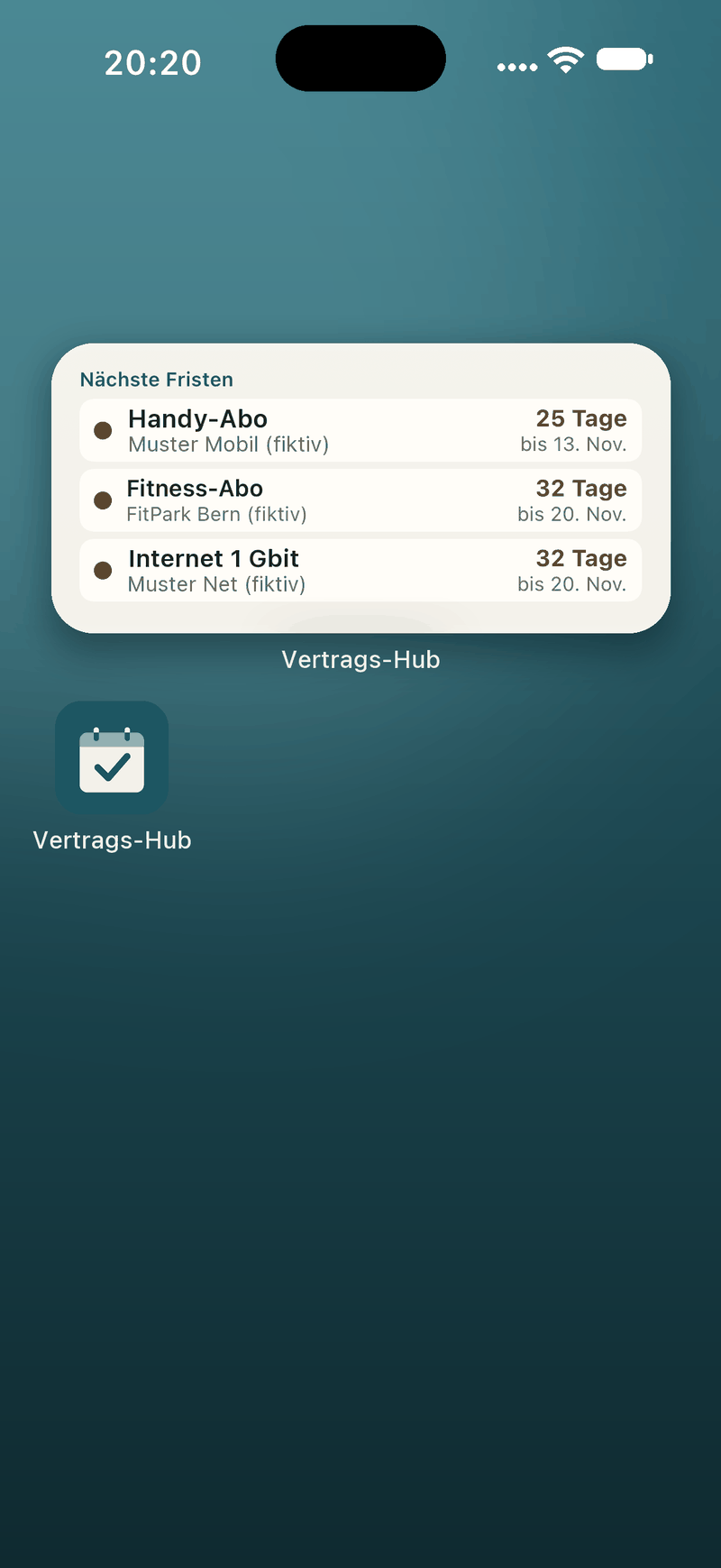 Home Screen with the next deadlines widget. Sample data.